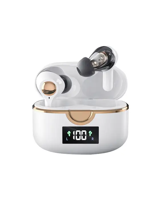 A white and gold wireless earbuds with a clock.