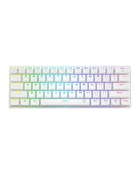 A white keyboard with a rainbow colored backlit.