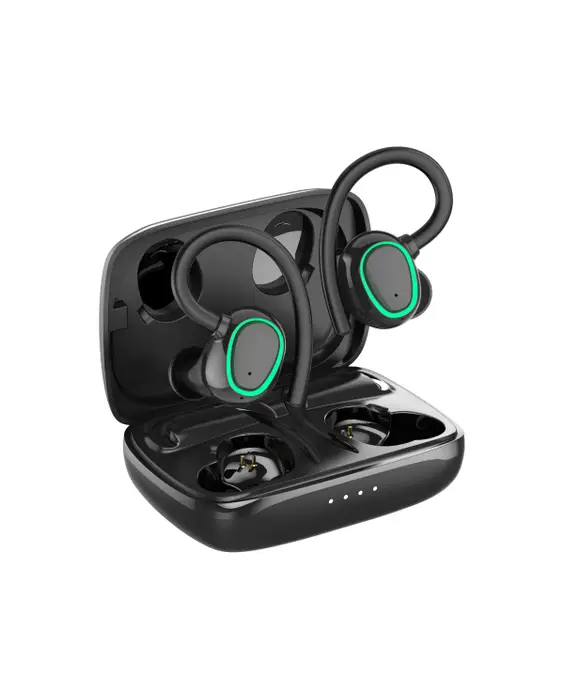 A pair of wireless earbuds in a case.