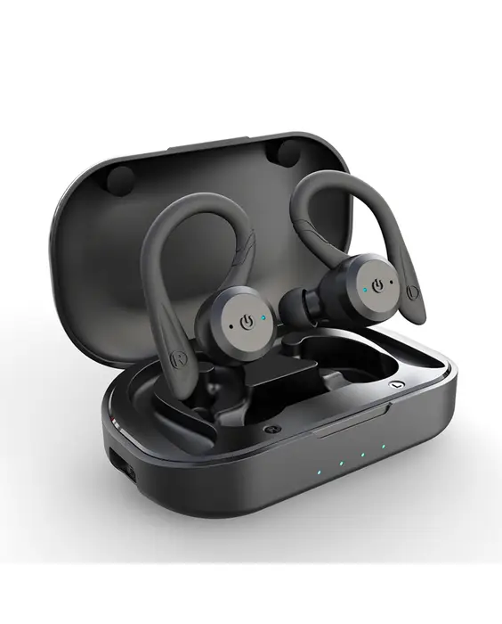 A pair of wireless earbuds in a case.