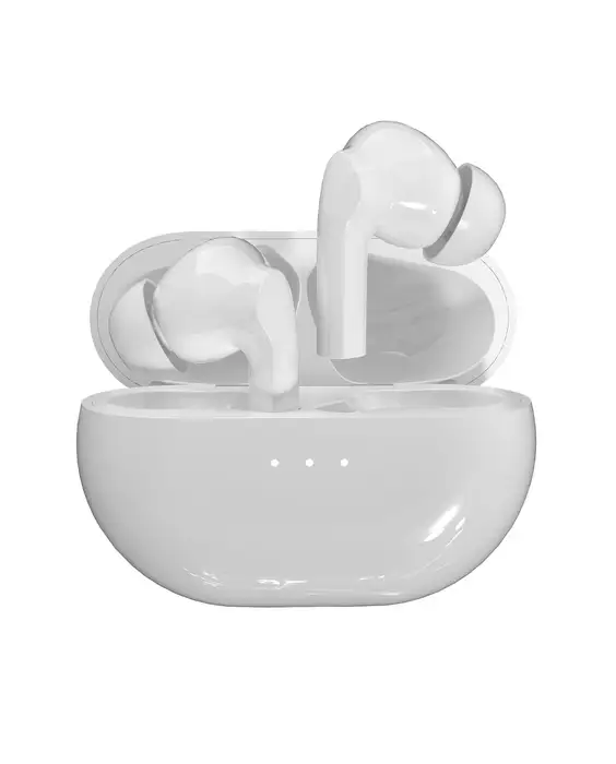 A white bowl with two headphones in it.