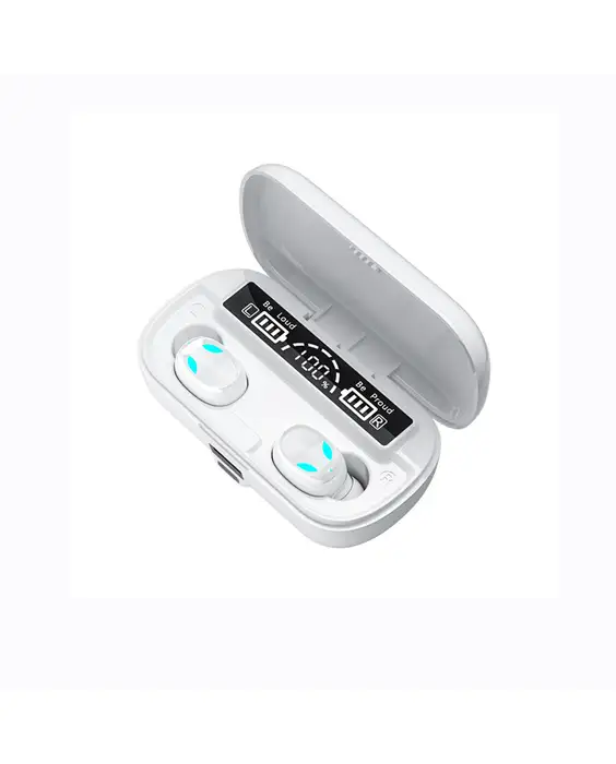 A pair of white earbuds in a case.