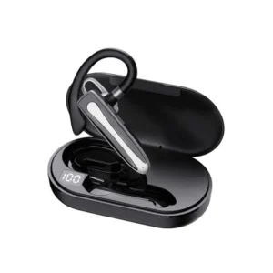 A pair of Ultra long endurance, high power, ear mounted wireless Bluetooth business headsets, single ear-Black in a case.