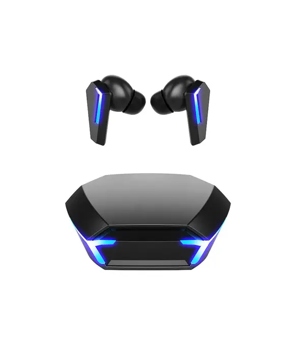 A pair of wireless earbuds with blue lights.