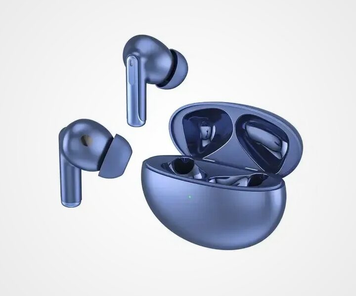 A pair of blue earbuds and an open case.