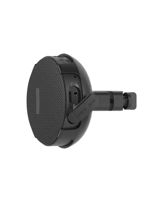 A black wall mounted speaker with a hook on the side.