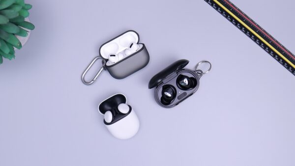 Three different types of airpods are shown.