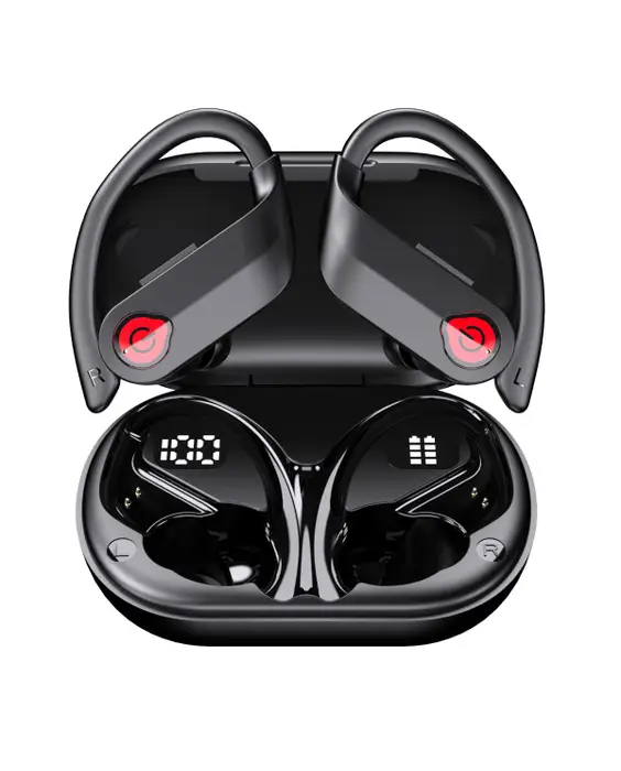 A pair of black earbuds in a case.