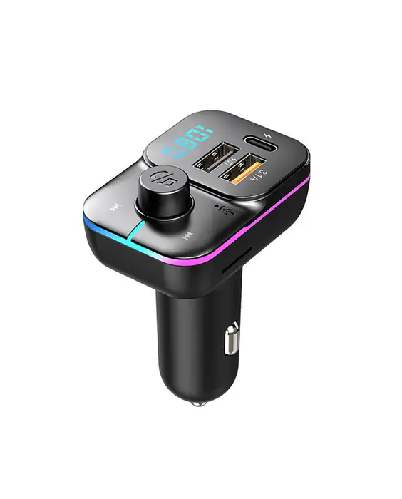 An image of a Bluetooth car FM player with RGB ambient lighting and 3 charging ports.
