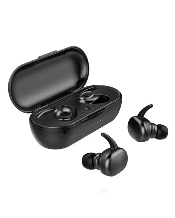A pair of Bluetooth Headphones 5.0 True Wireless Earbuds Auto Pairing with Built in Mic and Portable Charging Case.