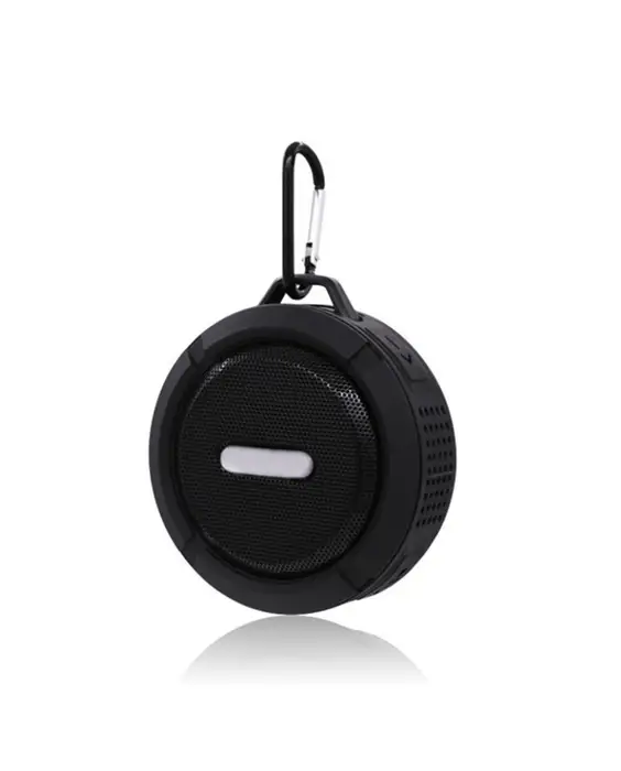 A Portable Waterproof Mini Speaker with Built-in Microphone with a hook attached to it.