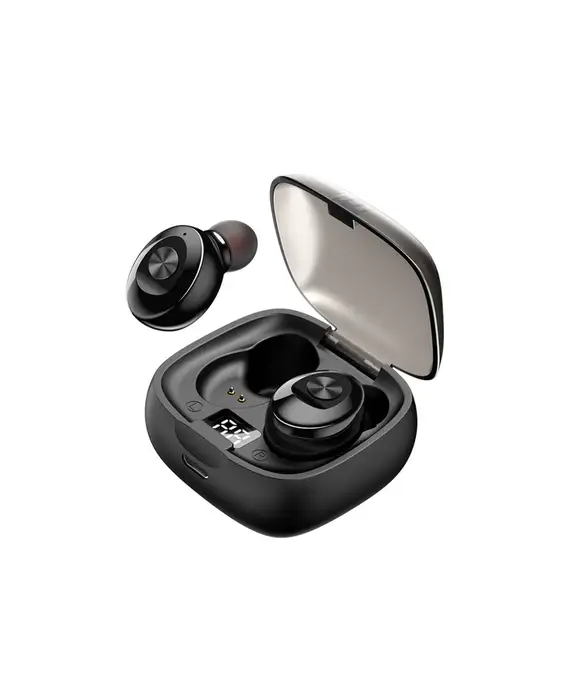 A pair of TWS 5.0 Bluetooth Sport Wireless IPX5 Waterproof power display headphones with a case.