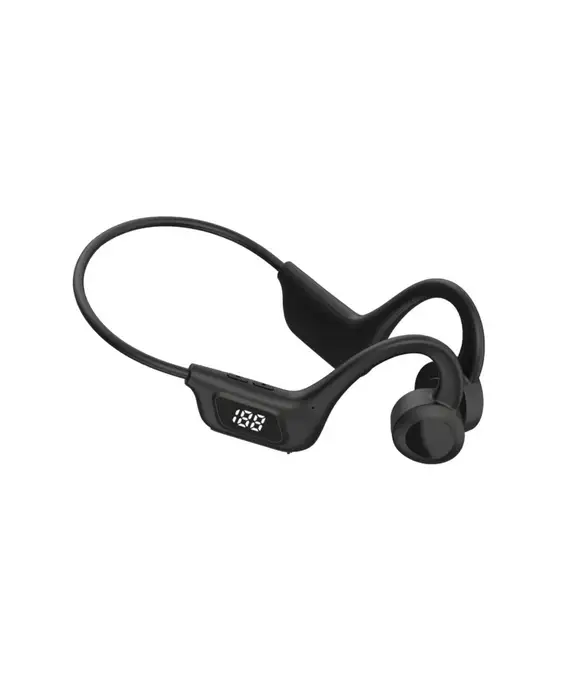 A pair of Bluetooth sports close to ear headphones with a microphone attached to them.