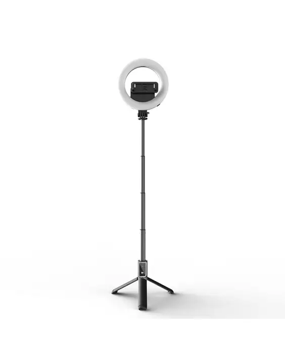 A Tripod Bluetooth 360 Degree Rotation Self Timer with Remote Control and Fill-in Light for iOS&Android - White on a tripod with a white background.