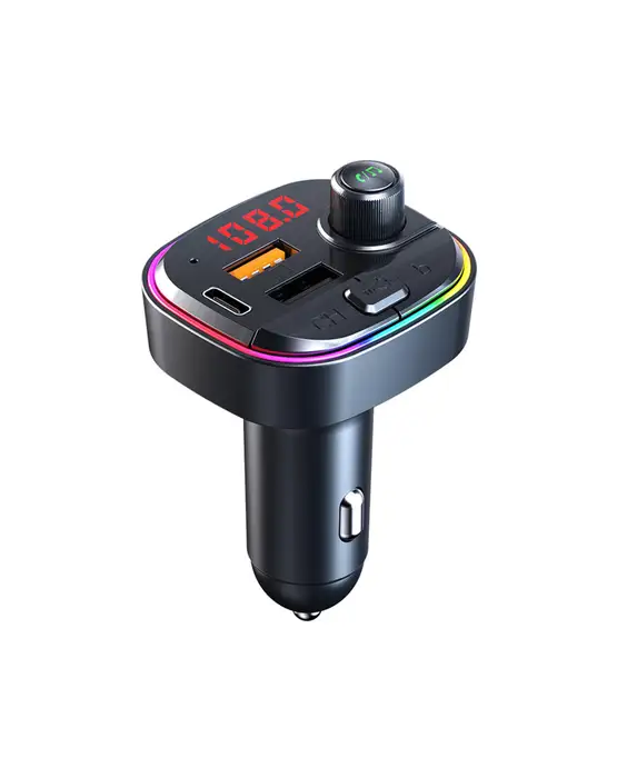 A Bluetooth FM Transmitter LCD MP3 Player USB Charger Car Kit (PD+2 USB Ports) for iPhone 12/11 and other Devices with a multi colored light on it.