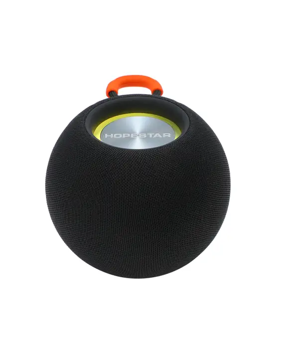 A black and orange Wireless Bluetooth bass waterproof portable outdoor speaker on a white background.