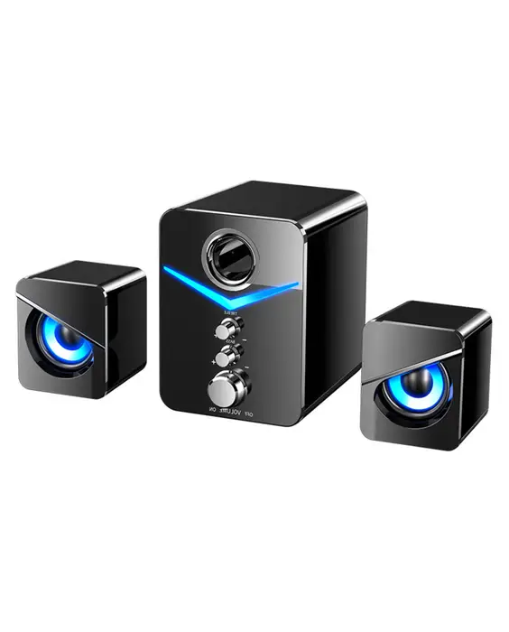 A pair of black wired Bluetooth desktop laptop speakers with blue lights.