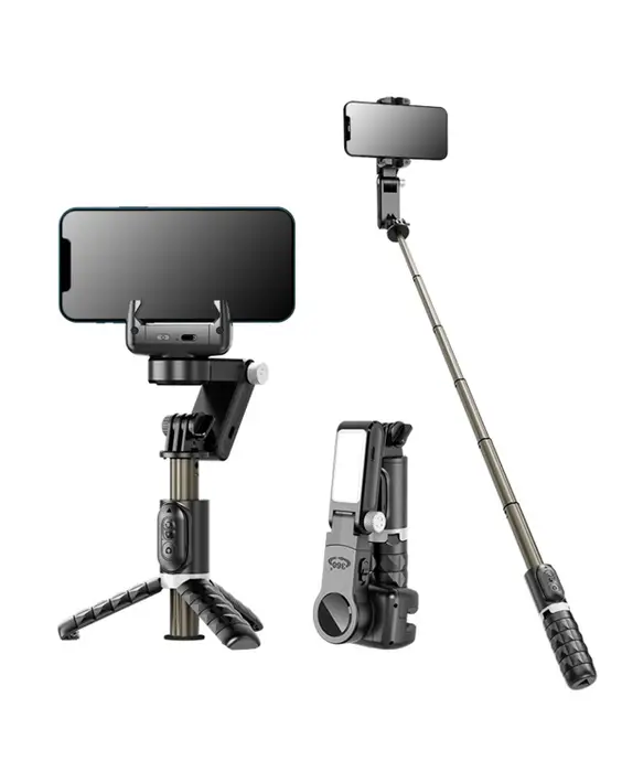 A Tripod Bluetooth 360 degree rotation selfie timer with removable wireless remote control and fill light function-Black with a phone attached to it.
