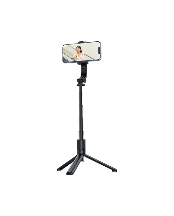 A Stable tripod Bluetooth 360 degree rotation selfie timer with removable wireless remote control with a phone on it.