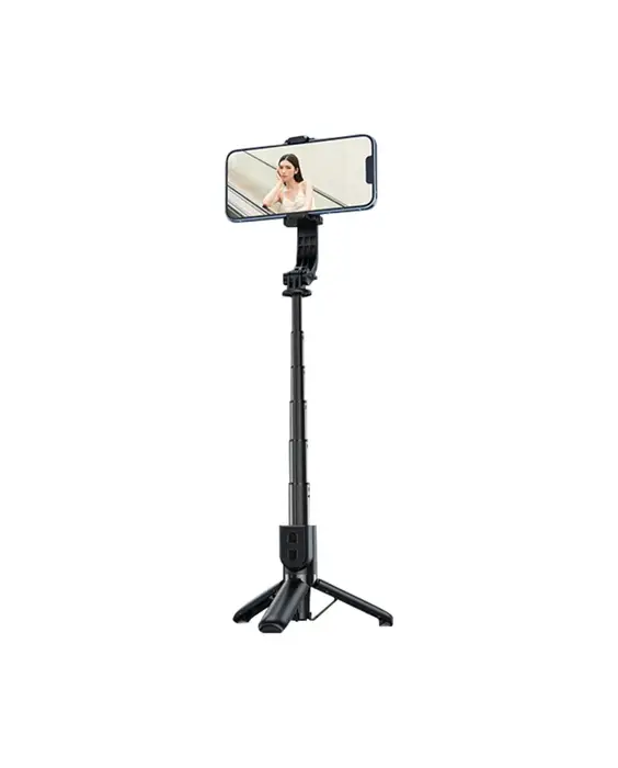 A Keel reinforced tripod Bluetooth 360 degree rotation selfie timer with detachable wireless remote control on a tripod with a phone on it.