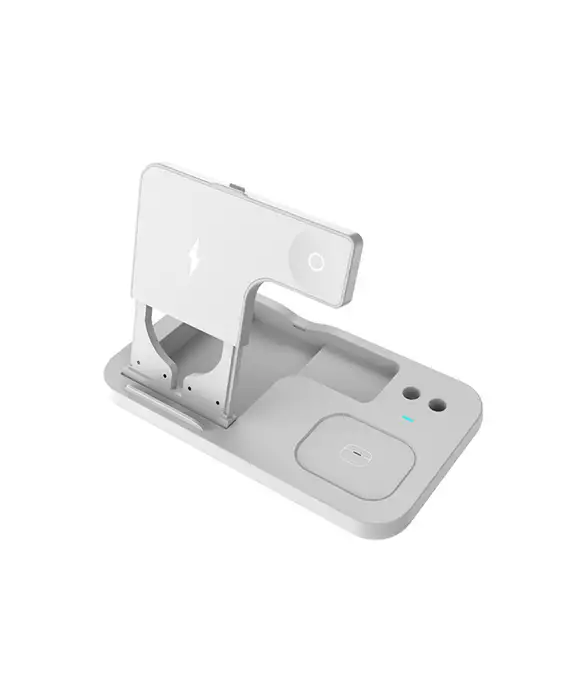 A 4 in 1 Wireless charger-White charging station with a phone on it.