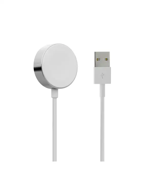 A white Wireless Magnetic Charger for Apple Watch with a white cord attached to it, perfect for charging your Apple Watch.