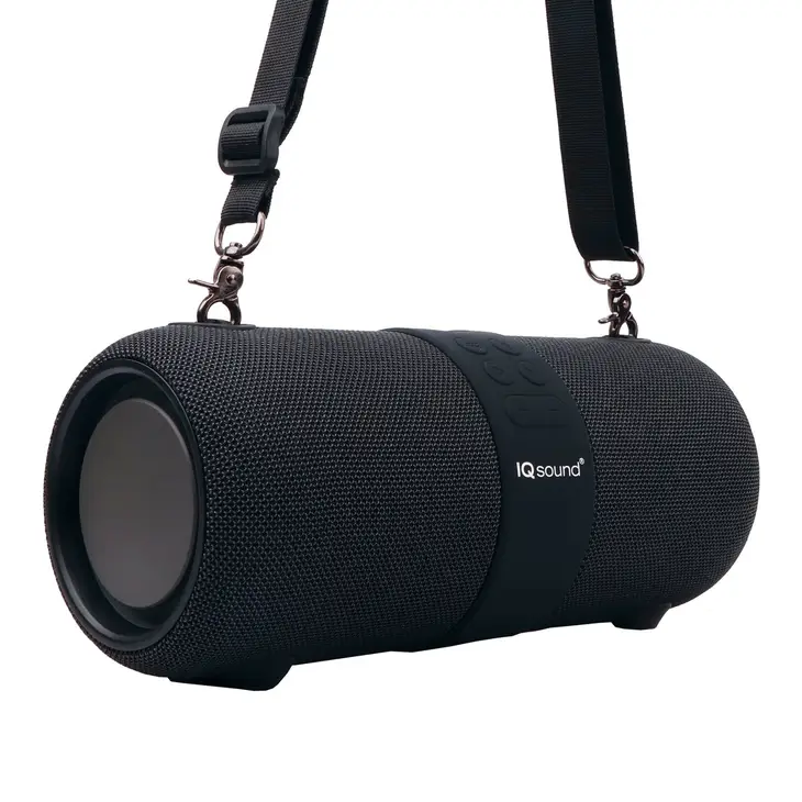 A black Supersonic Portable Bluetooth Water-Resistant Speaker with a strap that is Wireless Bluetooth-enabled.