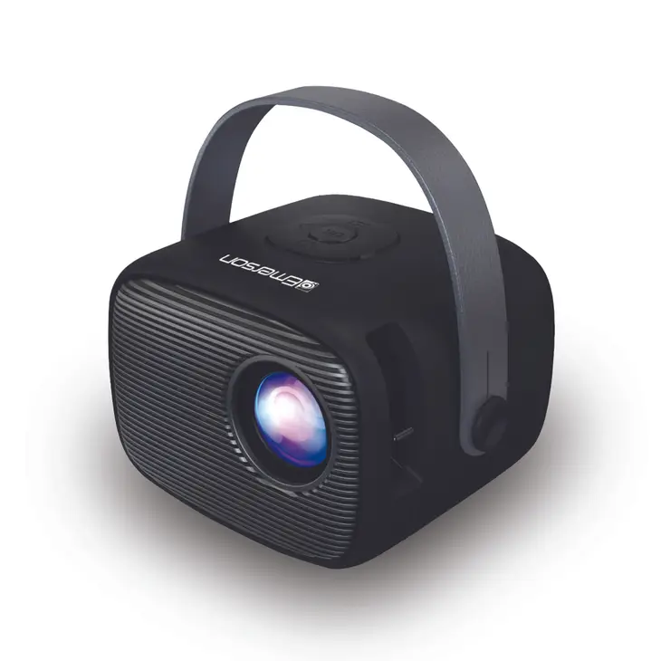 The Emerson Portable Lcd Mini Projector, featuring a black color and a convenient handle for easy transportation.