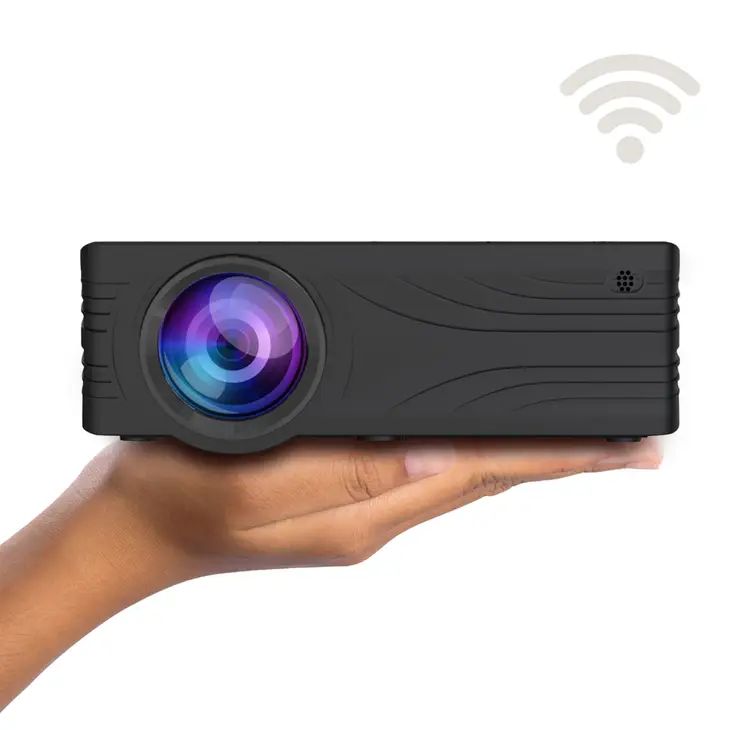 A hand holding an LV-HD240 Wi-Fi Projector with LCD and Led Technology.
