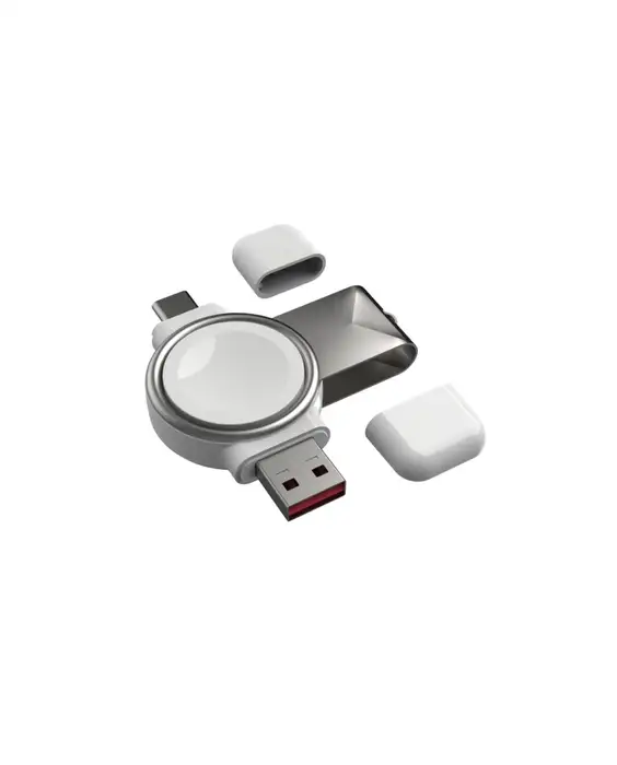 A white 2 in 1 Wireless Apple Watch Magnetic portable Charger-White with a mouse and other accessories.