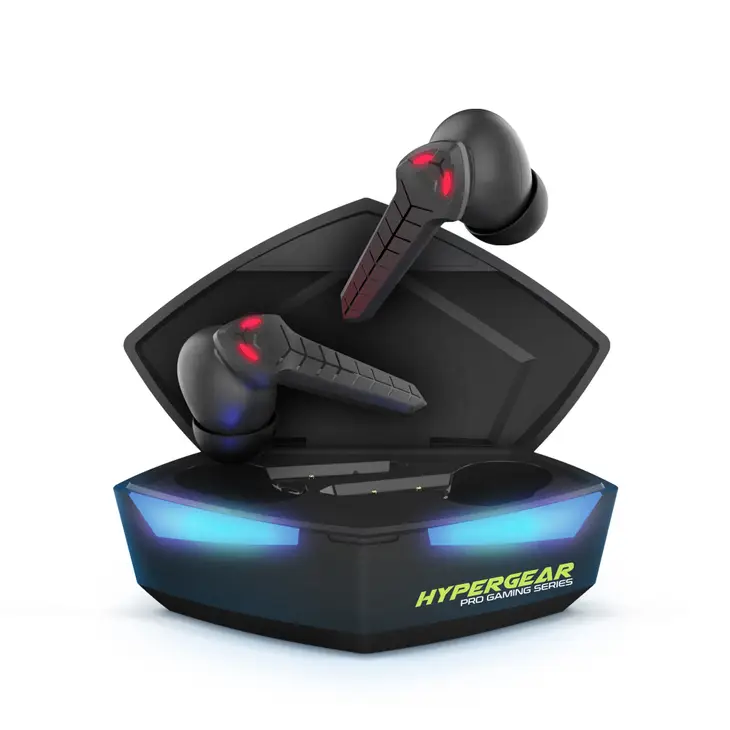 Hypergear Cobrastrike True Wireless Gaming Earbuds with a light on them.