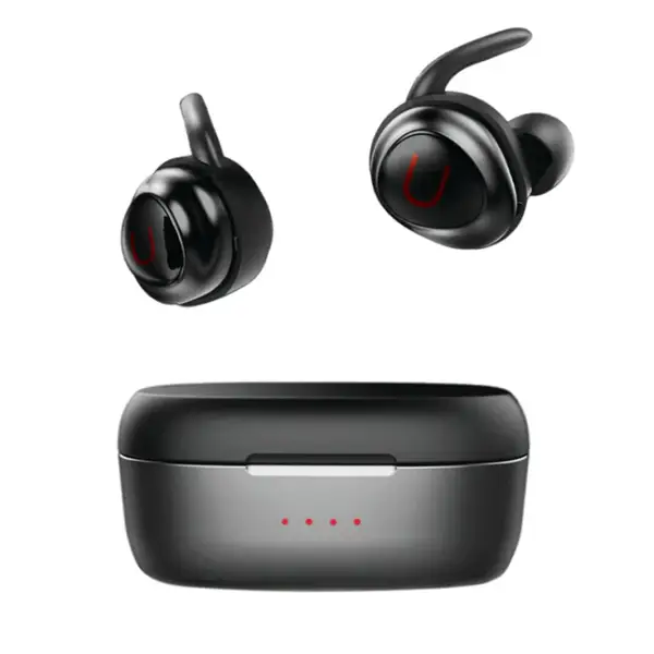 A pair of U Buds Summit wireless earphones with a charging case.
